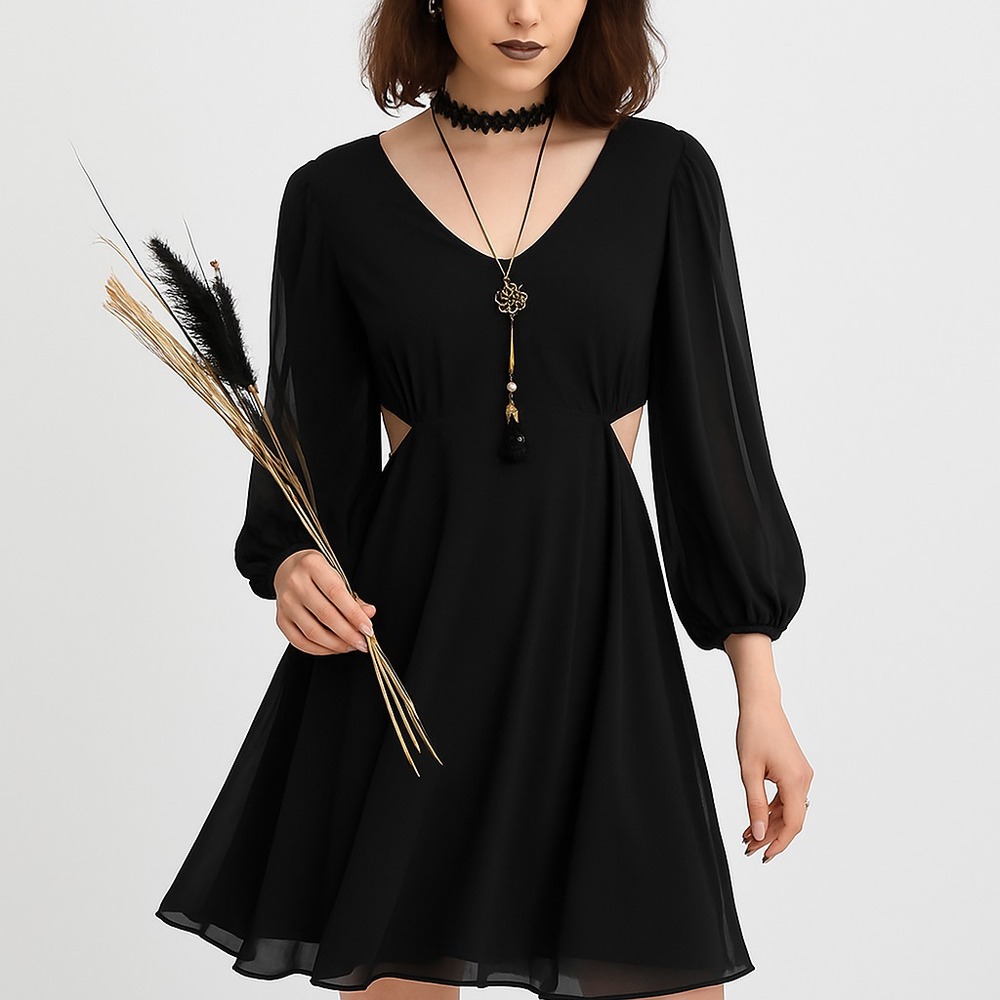 NWT Womens‎ M Whimsical Black Chiffon Sheer Cutout Gothic Midi Dress Puff Sleeve
